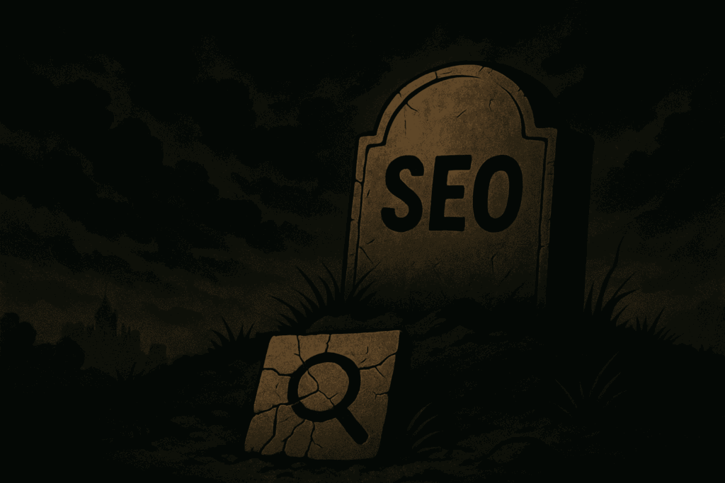 ein dunkles bild mit einem grabstein auf dem SEO steht